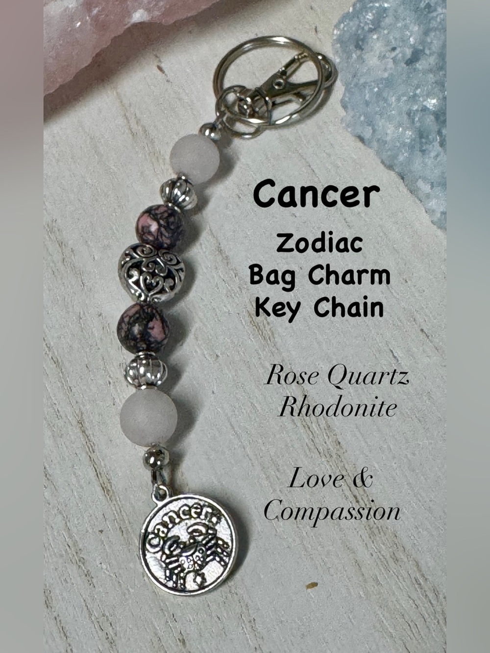 2/$40 Gemstone Pink and Silver Cancer Zodiac Bag Charm Key Chain - Handmade